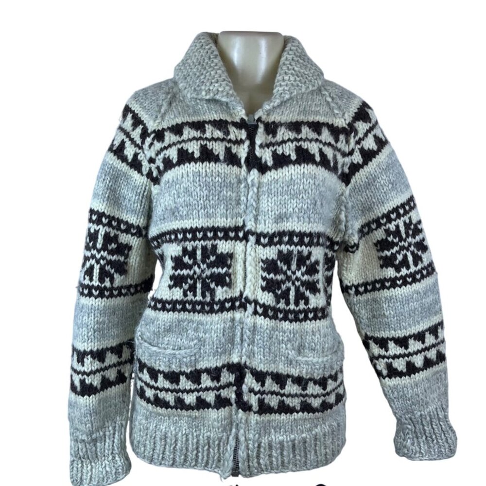 Tuak Unisex Grey & Black Wool Nordic Knit Cardigan Sweater Shawl Collar